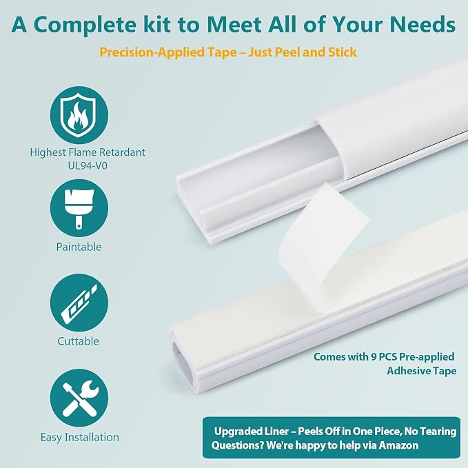 One Cord Cover Wall 153in(9X L17in), Mini Wire Hider, Self-Adhesive Wire Cover for Hiding Speaker Wire, Baby Monitor Cord - Paintable Wire Channel for Cable Concealer, W0.5in H0.3in, CMR05 White