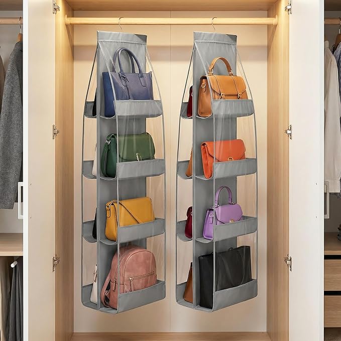 4 Pack 8 Pockets Handbag Hanging Purse Organizer for Closet, Purse Storage, Womens Purses Hanger and Handbag Organizer for Space Hanging Shelf for Closet, Wardrobe, Over Door (Grey)