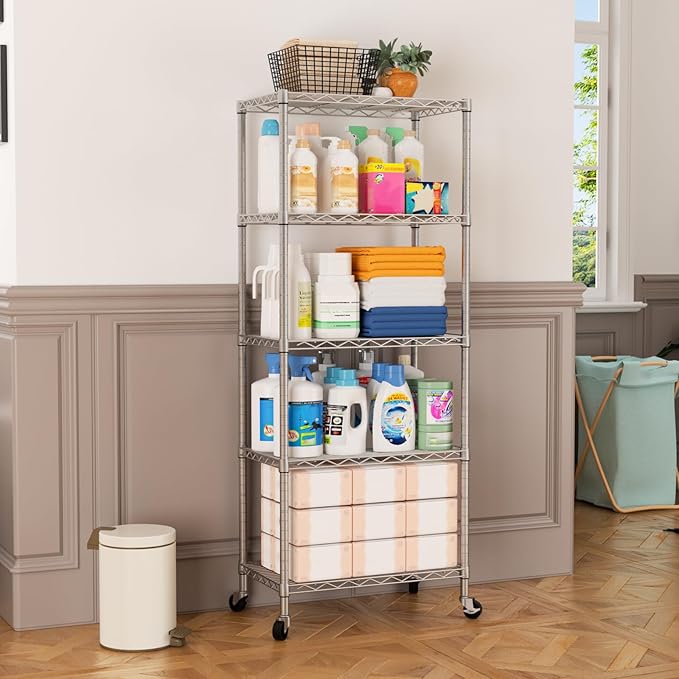 SINGAYE 5 Shelves Storage Wire Shelf Closet Metal Shelving Pantry Wheels | Shelf Bathroom Organizers Metal Kitchen Garage Shelving Unit Laundry Room Organization Home Rack Net Basket with Wheels