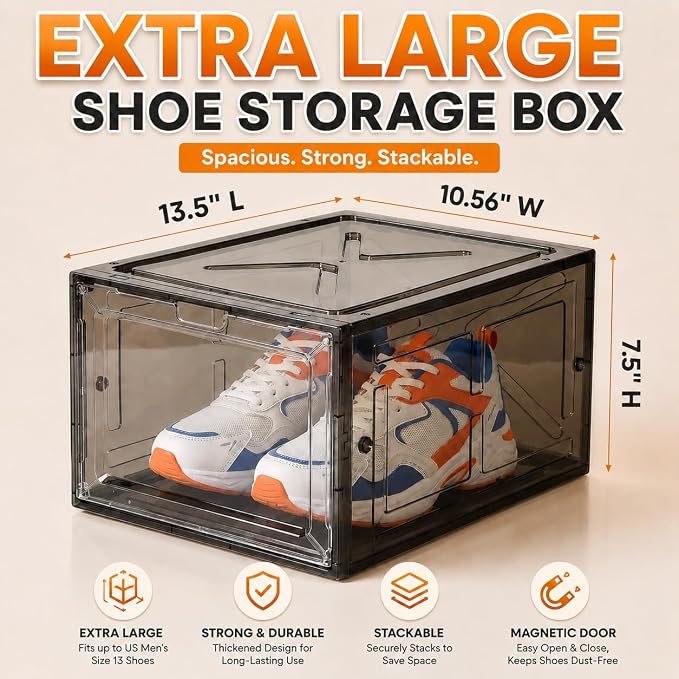 Translucent Black Shoe Storage Boxes, 2026 2nd Gen Thickened Hard Plastic Stackable Organizer with Magnetic Door, Folding Shoe Racks for Closet, Premium Sneaker Display Cases, 6 Pack