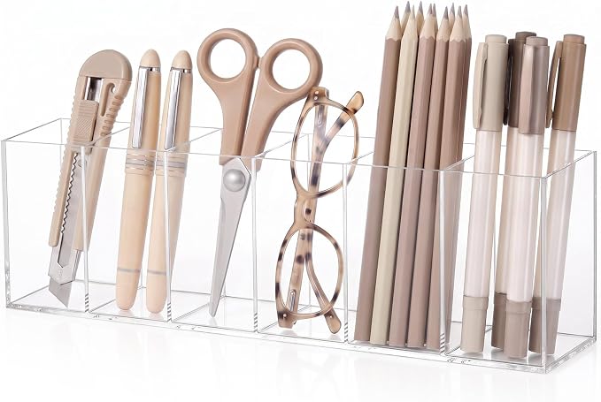 Jetec 6 Compartments Acrylic Pen Holder, Pencil Makeup Brush Holder(Clear) | Stationery Organizer Pencil Holder, Office Supplies, Clear, Acrylic, Desk Accessory Cosmetic Brush Countertop Desk Home
