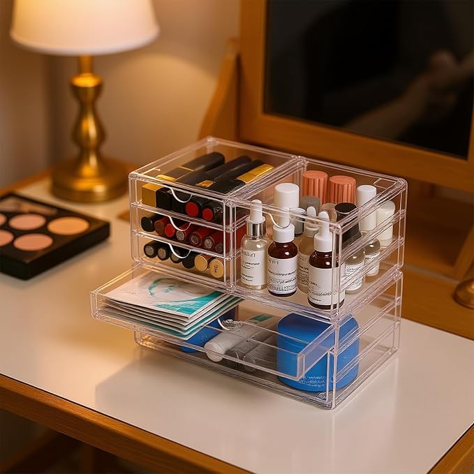 Acrylic Makeup Organizer with 6 Drawers, 11" Stackable Office Desk Organizer Accessories, Clear Bathroom Storage Drawers for Makeup Palettes, Cosmetics, Vanity, Art Craft Supplies