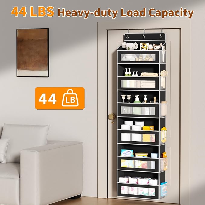 6-Tier Over The Door Organizer with 6 Large Pockets, Over the Door Storage 12 Side Pockets, Hanging Door Organzier 44 lb Load Behind Door Storage Hanging Shelf for Closet Wall Bathroom Nursery, Black