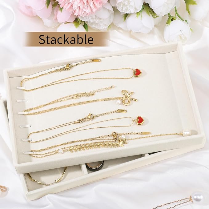 Dntorx Stackable Jewelry Organizer Trays, 6 Set of Velvet Jewelry Drawer Insert Sets Organizer Trays Jewelry Display Case Storage with Removable Dividers for Earring Necklace Rings Bracelet（Beige）