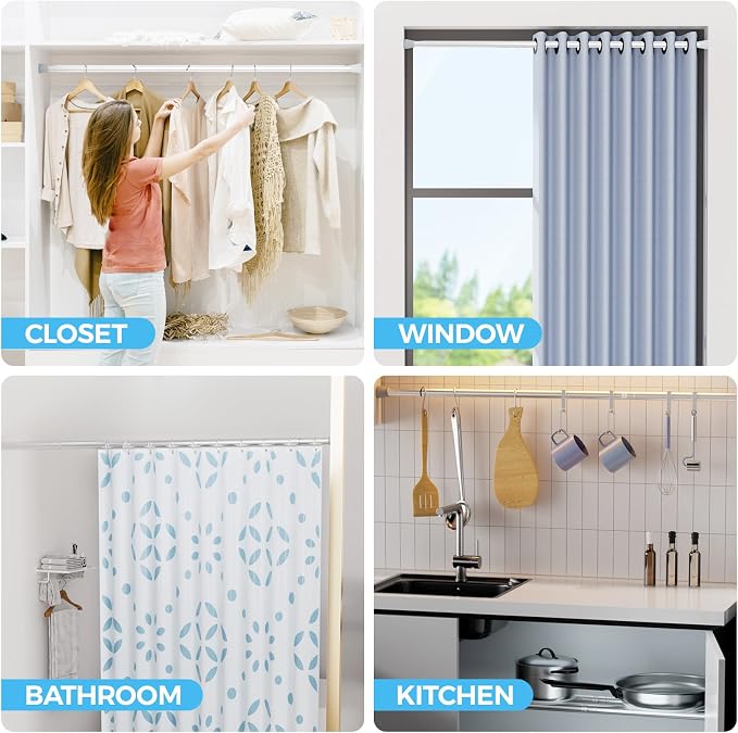 Tension Rods 30 to 64 Inches Shower Tension Rod 2PCS, Tension Curtain Rods Spring Curtain Rod Silver Tension Rod Spring Loaded Curtain Rods Adjustable Tension Curtain Rod for Window, Doorway