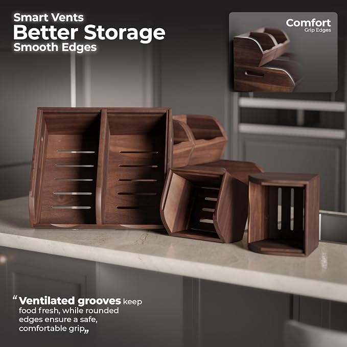 Acacia Potato and Onion Storage Bin - Stackable Wooden Storage Bins with Airflow Vent - Onion and Potato Storage Baskets for Kitchen Countertop Storage Organizer