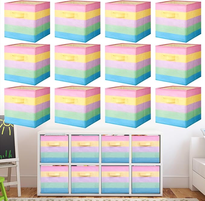 Yinder 12 Pcs Cube Storage Bin Rainbow Colorful 10.5''x10.5''x11'' Storage Bins for Playroom Decor Colorful Bins for Kids Foldable Baskets for Nursery Organizer Boxes Fabric Boxes