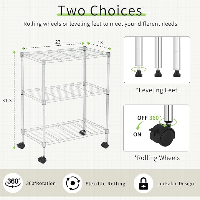 Wire Shelving 32" H x 23W x 13D Storage Shelf with Wheels Adjustable 3 Tier Metal Shelves Unit for Small Places Kitchen Storage Rack Shelf Organizer, 450Lbs Capacity, Chrome