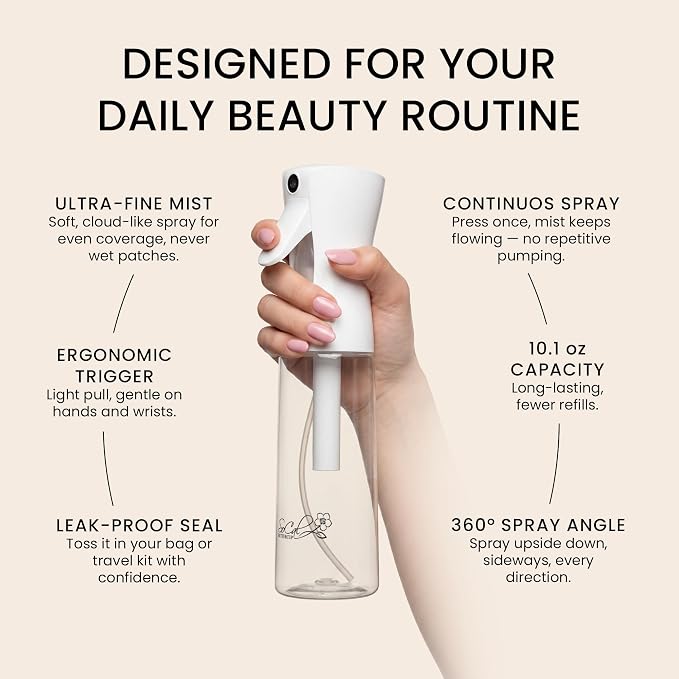 Continuous Spray Bottle for Hair – Slim Design - Fine Mist Water Sprayer for Hairstyling, Curly Hair – Refillable Mister Bottle with 360 Spray – Travel Size Hair Water Bottle