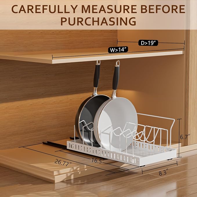 White Pull Out Pot Lid Organizer, Cabinet Pan Rack, 8 Dividers | 2-pack black carbon steel rack, 16 adjustable dividers, quiet slide rails, adhesive or screw mount for lids, pans, bakeware