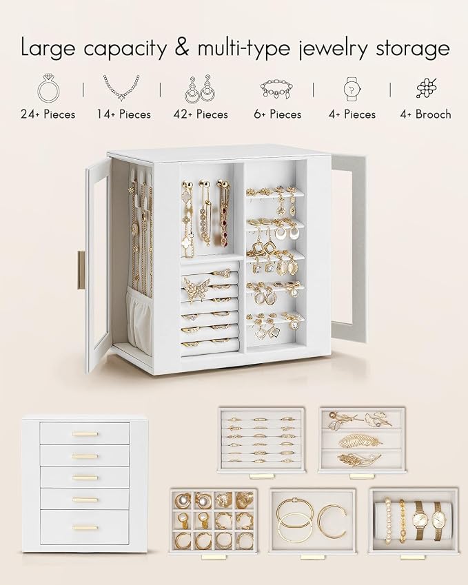 VLANDO 360° Rotating Jewelry Box with 5 Drawers, Large Jewelry Storage with 2 Glass Window, PU Leather Jewelry Organizer for Bracelets, Necklaces, Earrings, Rings - White