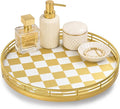 Gold Decorative Vanity Tray, 10 Inch Rotating Lazy Susan Perfume Tray with Metal Rail, Checkerboard Wood Organizer for Bathroom Counter, Dresser, Skincare, Jewelry and Makeup Display