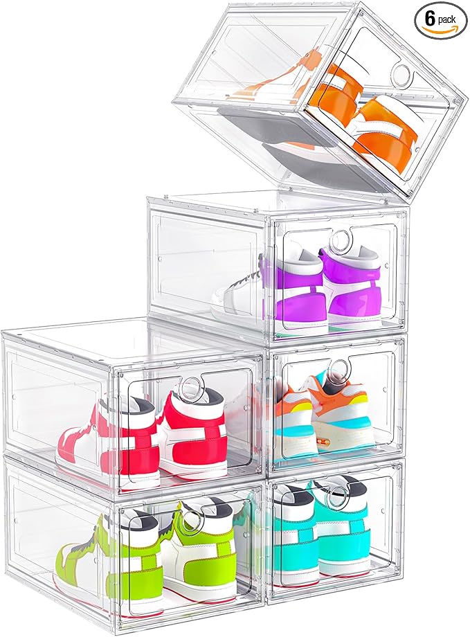 ARSTPEOE 6-Pack Clear Shoe Storage Boxes Magnetic Stackable | Upgraded Harder Material, Stackable Space-saving, Fits Sneakers & Boots, Clear Magnetic Front Door
