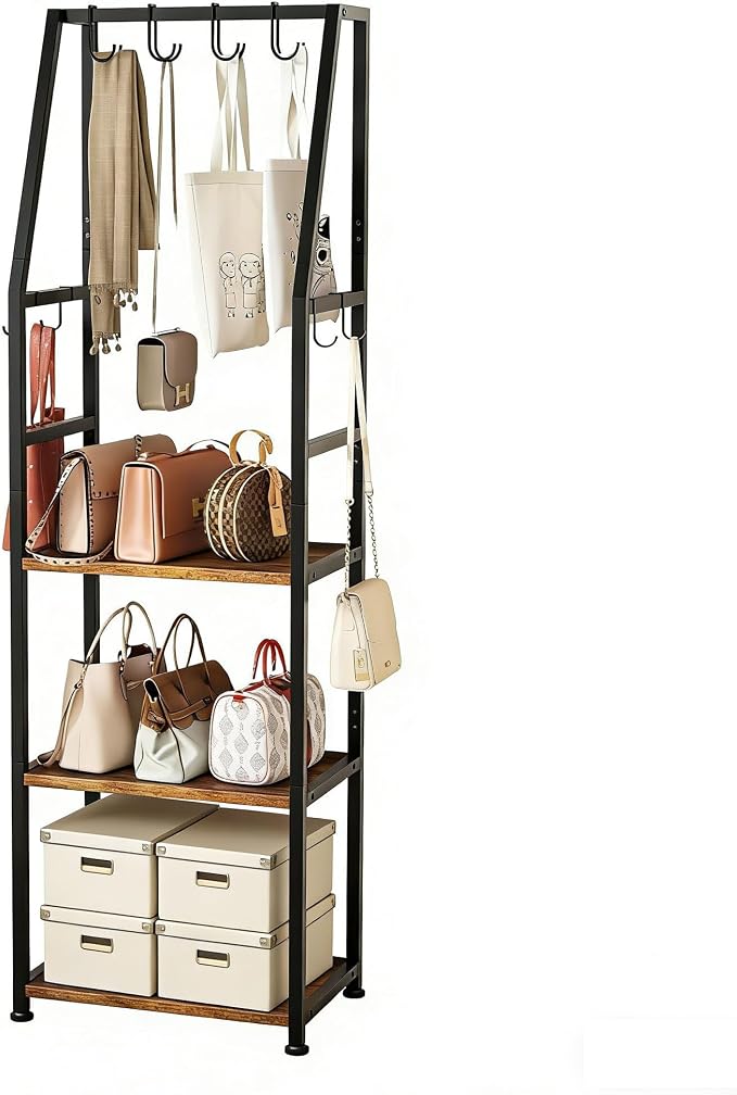 Hall Tree with Hanging Hooks,Heavy-Duty Metal Coat Rack with Shoe Shelves,3-Tier Purse Stand Handbag Organizer，Suitable for Hallway,Bedroom and Bathroom (Brown)
