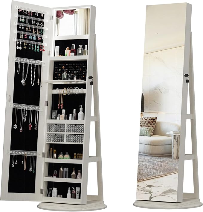 62" 360° Swivel Freestanding Storage Chest, Jewelry Cabinets with Interior Light, Utility Organizer with Lockable Design for Home Dressing, White