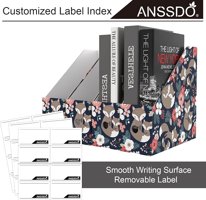 ANSSDO 6 Pack Cardboard Magazine Holder File Organizer - Black Floral | 12 Pieces Lable Included; Easy Assemble and Label; Large Volume Recycable Storage Box for Letter-sized Documents or Textbooks