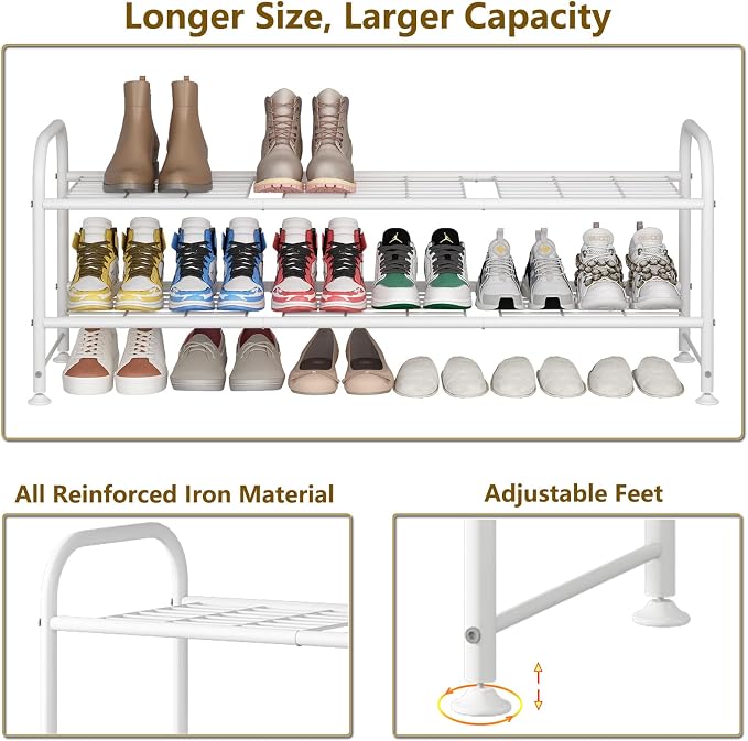 LINZINAR 2 Tier Long Shoe Rack for Closet Metal Shoe Organizer for Entryway | Spacious design stores 15+ pairs of shoes,durable metal frame,space-saving organizer for closet, hallway, and Entryway White
