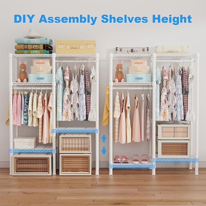 Ulif F1 Garment Rack for Kids, Baby, Students, and Children's Room, 4 Tiers Freestanding and Portable Heavy Duty Closets, Small Metal Clothes Rack with 2 Hanging Rod, 31.2" W x 11.8" D x 48" H, White