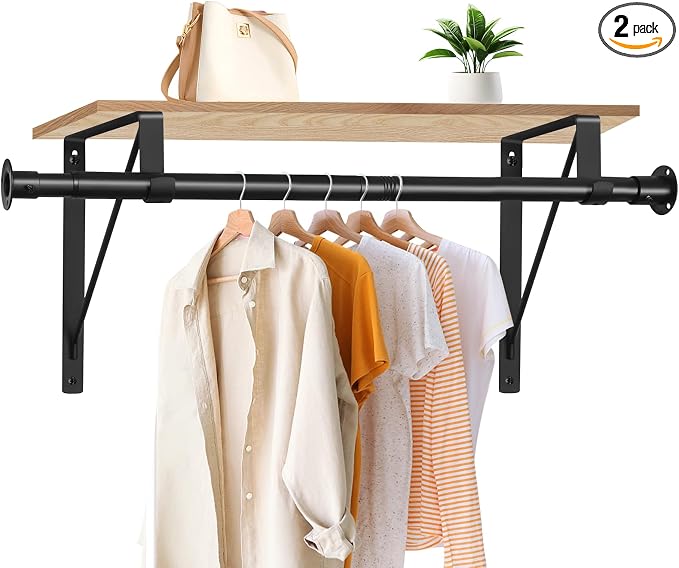 Closet Rod, 16 to 100 Inch Closet Rods Heavy Duty Adjustable Wardrobe Poles for Hanging Clothes and Heavy Duty Bracket Closet Pole Support (The Shelf NOT Included)(Black)
