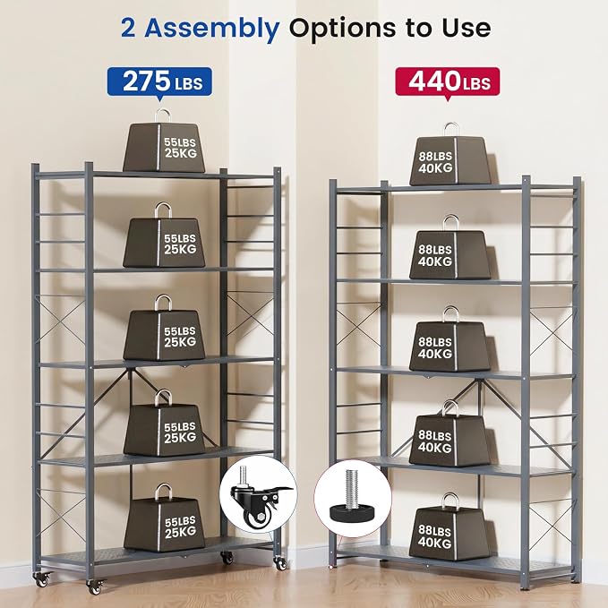 ALANNG 40" W Foldable 5-Tier Storage Shelves on Wheels Adjustable | Removable Metal Rack, Heavy Duty Rolling Organizer for Kitchen, Garage, Closet, Pantry, and Office (Grey,4 Pack)
