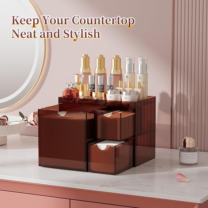 Youdepot Amber Acrylic Face Towel Holder with 3 Drawers | Disposable Face Towel Organizer for XL Facial Towels, Cotton Pads, Swabs, Skincare Tools, Bathroom Vanity Countertop