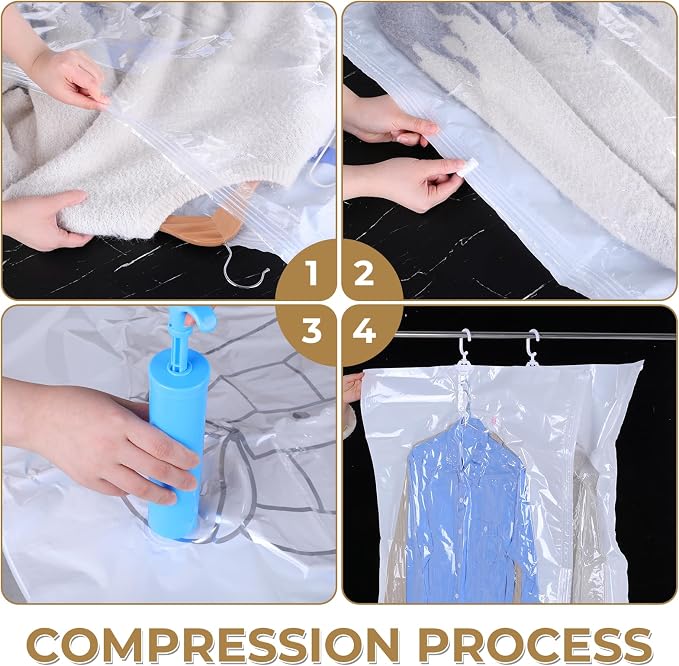 8 Pcs 43.3 x27.6 Inch Clear Hanging Vacuum Seal Bags for Clothing | Reusable Compressed Space Saver Vacuum Storage Bags Vacuum Seal Storage Bag for Closet Organizer Suits Dress Coats Jackets