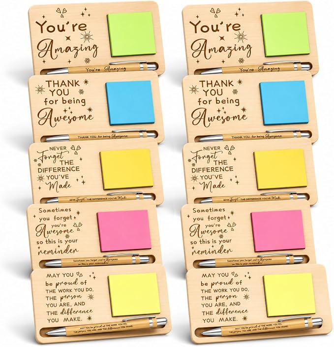 Kosiz 10 Set Back to School Teacher Gifts Wooden Sticky Note Holder with Notes and Ballpoint Pens Inspirational Sticky Notes Sets for Teacher Back to School Thank You Appreciation Gifts, Yellow