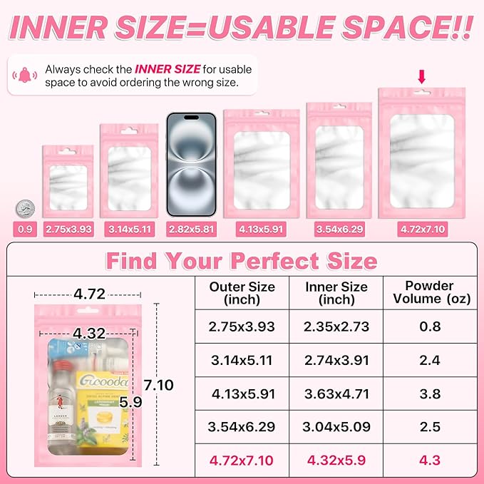 100 PCS Pink Resealable Mylar Bags with Frosted Clear Window Packaging Bags Foil Pouch Zipper Bag for Food Self Sealing Storage Supplies 4.72x7.1