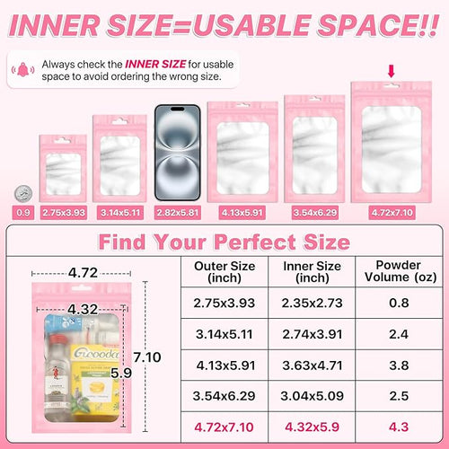 100 PCS Pink Resealable Mylar Bags with Frosted Clear Window Packaging Bags Foil Pouch Zipper Bag for Food Self Sealing Storage Supplies 4.72x7.1