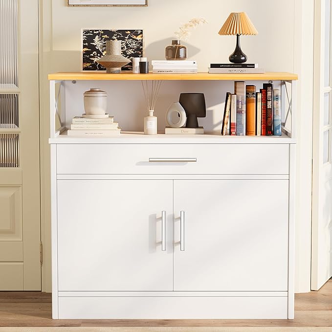 Meilocar Buffet Cabinet Kitchen Sideboard with Storage and Drawer, Farmhouse Storage Cabinet for Living Room, Dining Room, Hallway, White & Yellow Top