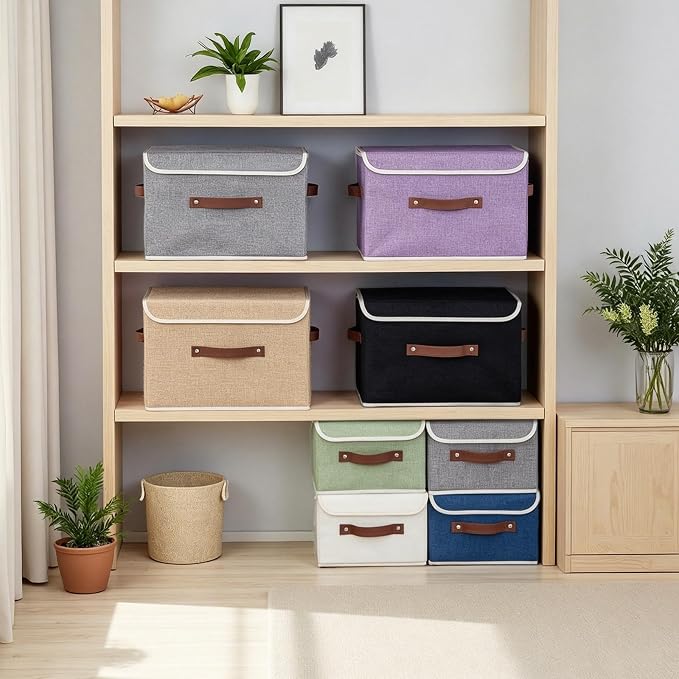 2PCS Collapsible Storage Boxes Baskets with Lid Cotton Linen Fabric Storage Bins with Faux Leather Handles Washable Cube Organizer Container for Home Closet Bedroom (Linen, Large Size)