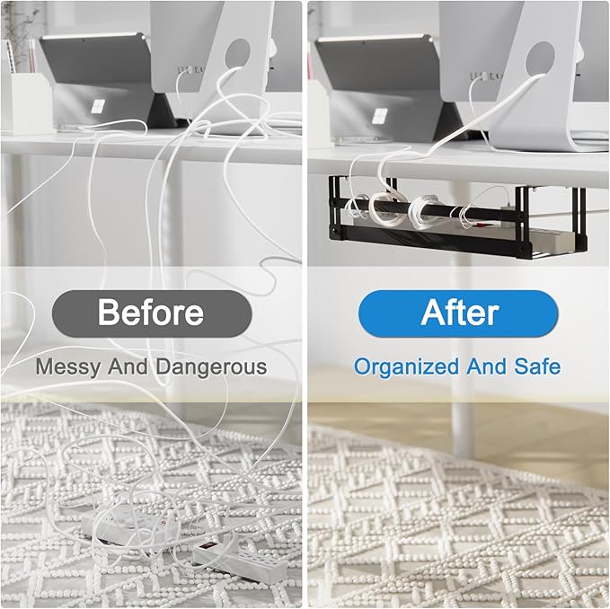 PAVSTINE 2 Pack Under Desk Cable Management Tray, 17 in | Dual Mount Adhesive & Screw, Metal Wire Basket, Holds Up To 15 Lbs, Power Strip Holder Cord Hider for Home/Office Desk