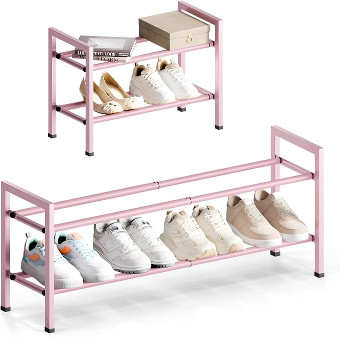 Bumusty 2-Tier Expandable Shoe Rack for Closet, 18“-33” Adjustable Shoe Rack for Small Space, Small Shoe Organizer for Front Door, Sturdy Metal, Pink