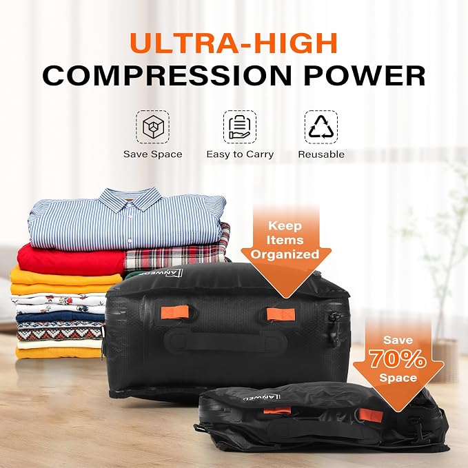2 Pack Bag with Vacuum Travel for Suitcase, 30L Overpack Vacuum Bags w/Pump | IP68 Waterproof Compression Bags For Carry On Luggage&Backpacks, Reusable Nylon Vacuum Seal Bags For Clothing Travel Kit
