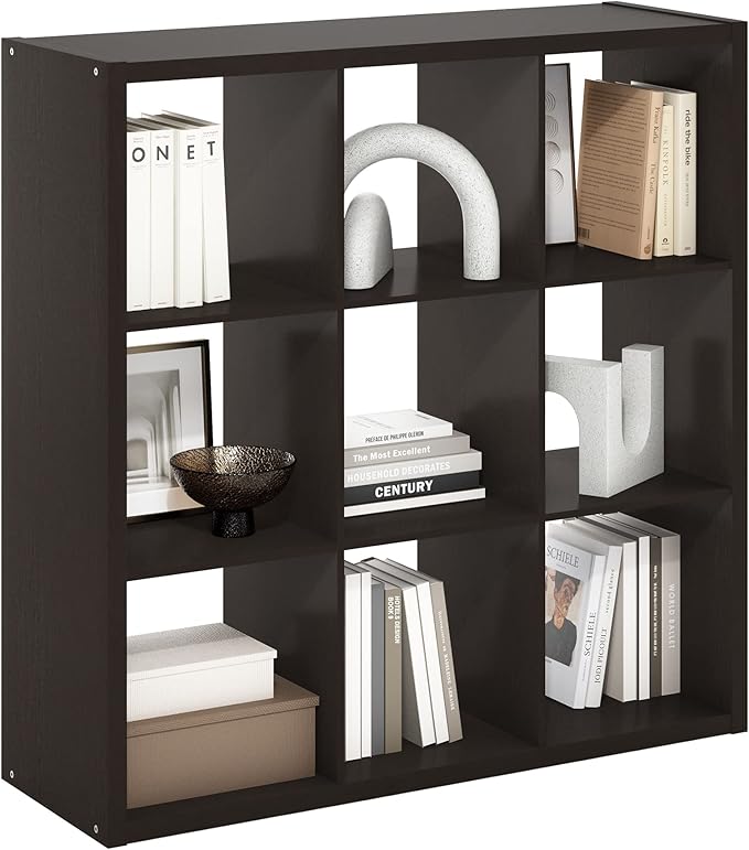 Furinno CUBICLE 9-Cube Book Shelf, Extra Thick Frame Bookshelf, Dark Oak | 14.6" x 44" x 44", Reversible Bookcase with Open Back, for Living Room, Bedroom, Home Office