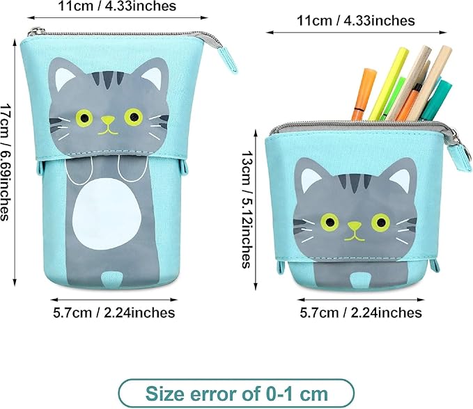 Outus 3 Pcs Standing Pencil Case Cute Stand up Pencil Pouch Telescopic Pen Holder Kawaii Stationery Pouch Makeup Cosmetics Bag for School Students Office(Gray, Black, White Cat)
