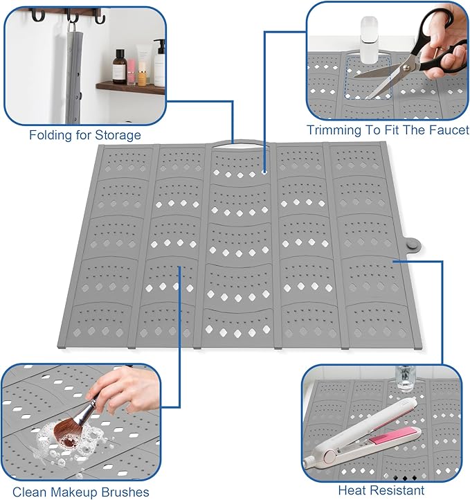 Mofason Bathroom Sink Top Cover Space Saver,Silicone Makeup Organizer Mat for Over Countertop,Small Bathroom Must Haves Accessories Rv Camper Travel Foldable Gadgets-Grey
