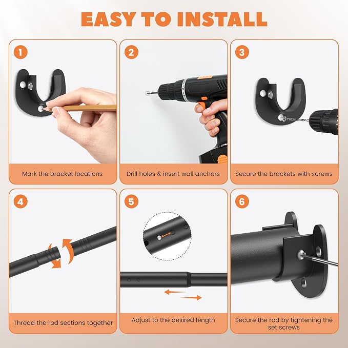 Metal Closet Rod 1.3" Heavy Duty Adjustable Hanging Rod 17-51 Inch | Black, Stainless Steel, 1.3 Inch Diameter, Wall Brackets Included, For Hanging Clothes, Walk-In Closets, Laundry Rooms