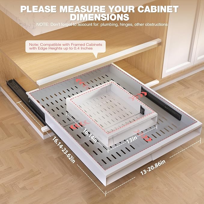 Seinloes 2 Pack Pull Out Cabinet Organizer With Raising Pad for Framed Cabinets,Expandable Width (13"-21") and Depth (17"-24"),3 Slide Rails Slide Out Drawers with Handle,No-Drill Roll Out Shelf,White