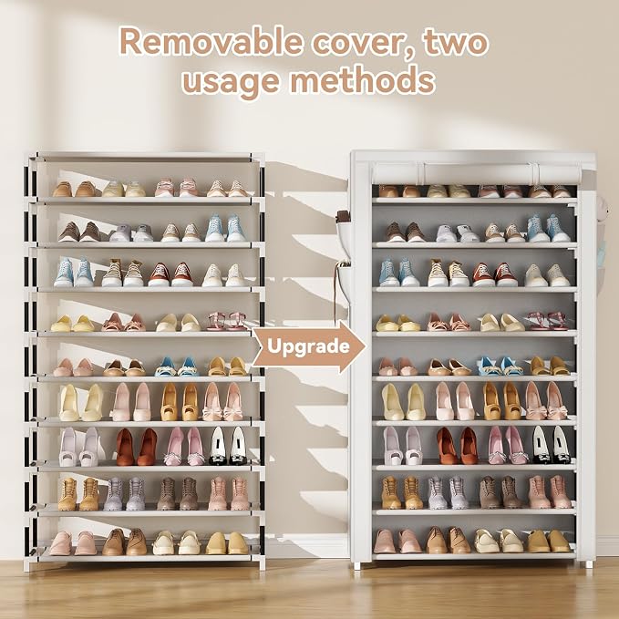 LANTEFUL Shoe Rack with Covers 10 Tier Tall Shoe Rack Organizer Large Capacity Shoe Shelf Storage 40 Pairs Space Saving Free Standing Shoe Storage Organizer for Closet, Entryway, Dorm, White