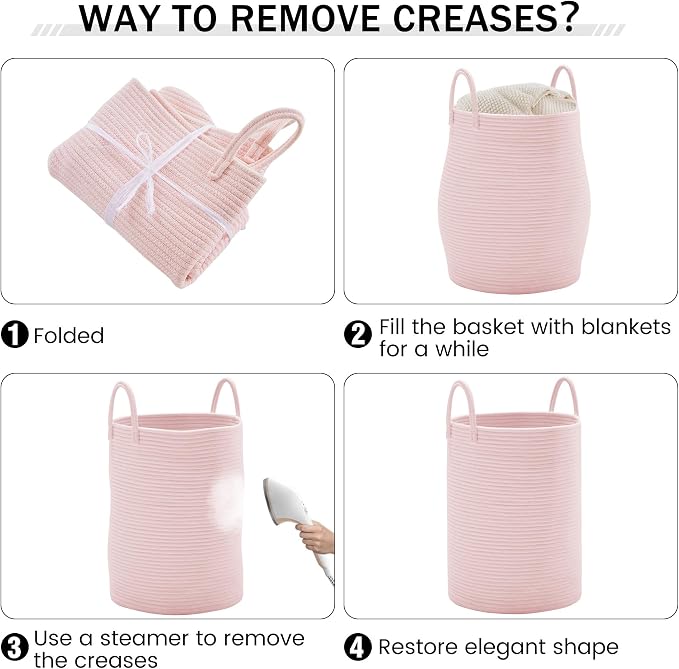 YOUDENOVA Woven Rope Laundry Hamper, 58L Tall Luandry Basket, Baby Nursery Hamper for Blanket Storage in Bedroom-Large-Pink