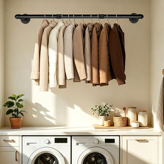Industrial Iron Pipe Clothes Hanging Bar DIY Wall-Mounted Garment Rack Heavy Duty Clothing Rack for Bedroom, Laundry Room, Closet Storage (Black 40 inch)