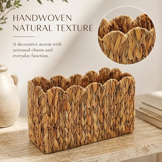 Water Hyacinth Magazine Holder, Tall Narrow Scalloped Basket | Wicker Book Basket Natural Water Hyacinth Scalloped Edge Magazine Basket Desk, Office, Entryway Storage 15"L x 6"W x 11"H