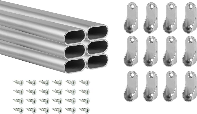 Outwater 48 Inch Satin Chrome Aluminum Oval Closet Rod Kit, 1-3/16 Inch x 19/32 Inch Profile, Includes Matching Screw Mount Supports and Mounting Screws, Pack of 6
