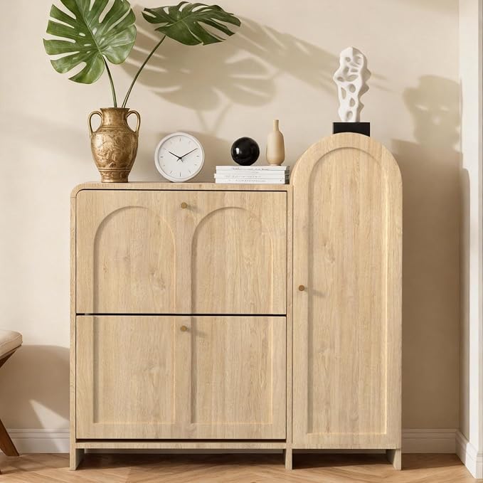 Arched Cabinet with Doors-Shoe Cabinet,Hidden Shoe Rack,Shoe Stand for Entryway Compact Shoe Storage in Oak Finishes,Mid-Century Style for Entryway