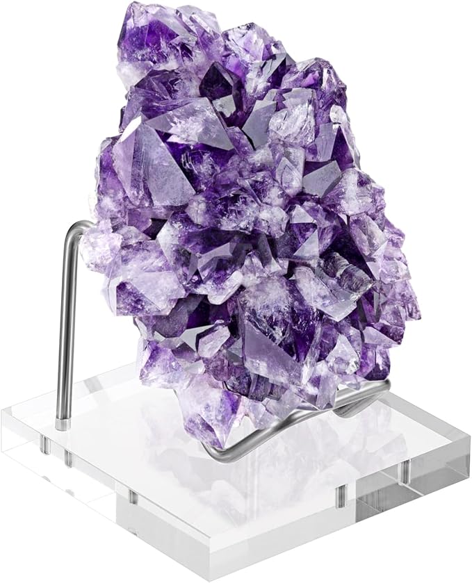 Hipiwe Metal Display Stand with Acrylic Base - Small Easel Stands for Geodes Rock Mineral Agate Fossil Coral Crystals Seashell and Small Collectibles, Silver Business Card Holder Stand