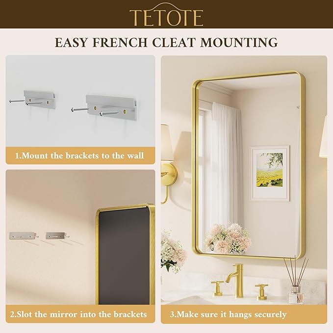 TETOTE Brushed Gold Bathroom Mirror, 40 x 24 Inch Metal Framed Mirror, Brushed Brass Rectangle Wall Mounted Golden Vanity Mirror (Horizontal/Vertical)