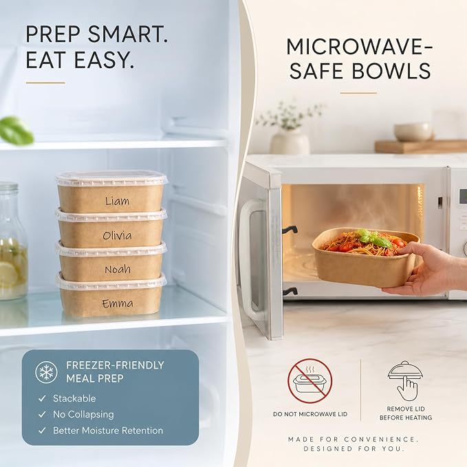 Kaderron 50 Pack 25 OZ Large Paper Bowls with Lids, Heavy Duty Disposable Compostable Container for Party, Disposable Bowls Bulk Soak-Proof and Microwave Safe for Hot/Cold Use