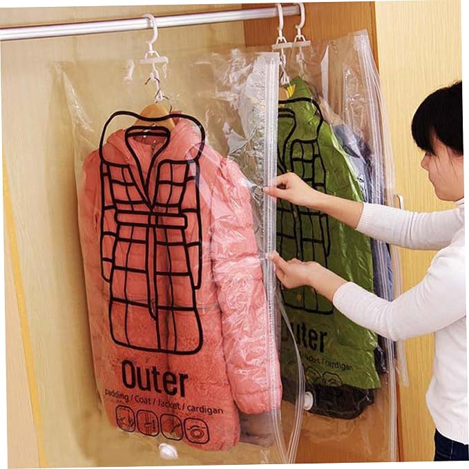 5Pcs Vacuum Bags for Clothes Space Saving Vacuum Seal Bag Hanging Storage Bag with Hooks ＆ Zip 26.4x43.3 Inch Dustproof Reusable Compressed for Clothing Closet Organizer