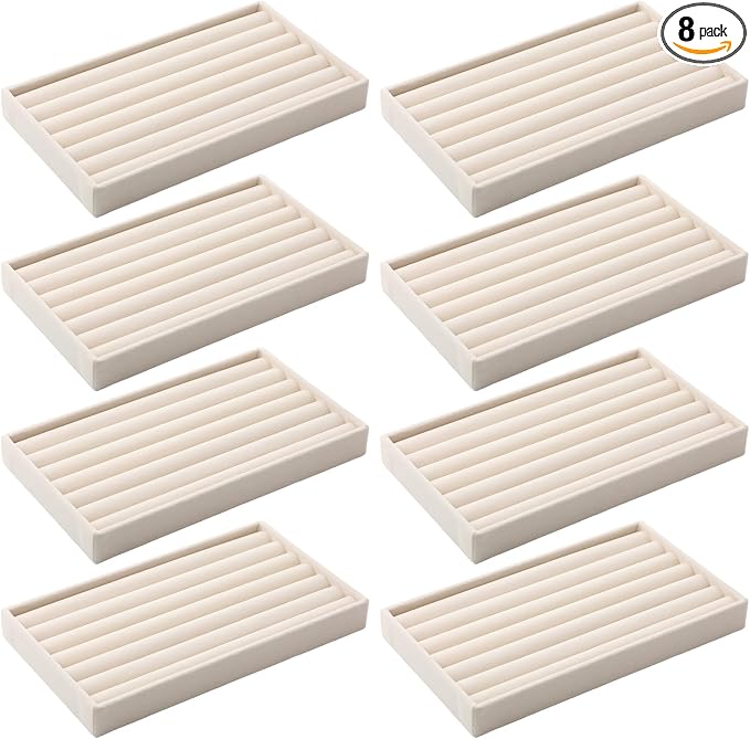 Highergo 8 Pcs Velvet Jewelry Trays Stackable Drawers Organizer Ring Earring Bracelet Necklace Storage Trays, 8.3x4.7x1''(7 Long Slots)